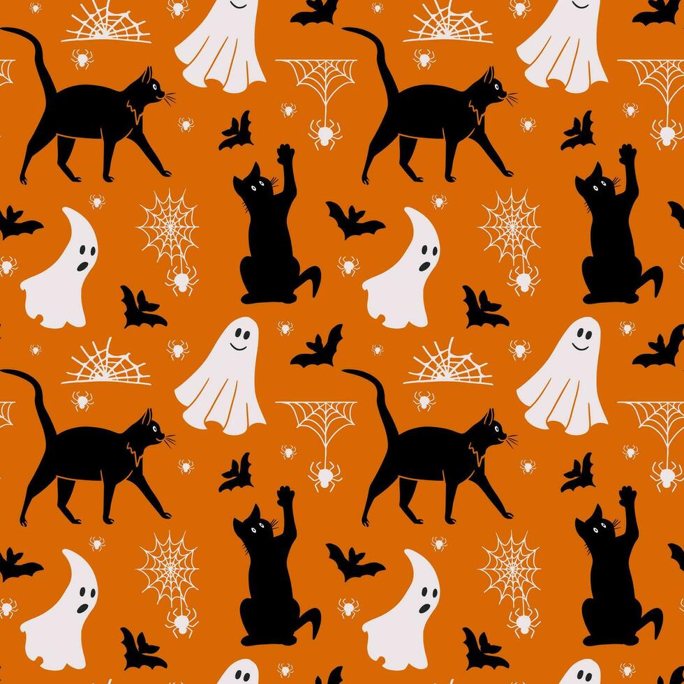 Creepy Halloween pattern om orange background. Black and white holiday design for Halloween party decoration, textile, wrapping paper, web banner, social media graphics vector