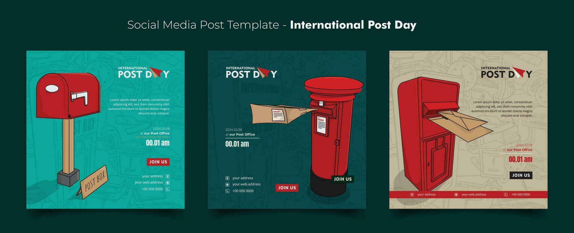 Social media post template with post box and transparent doodle art background for world post day vector