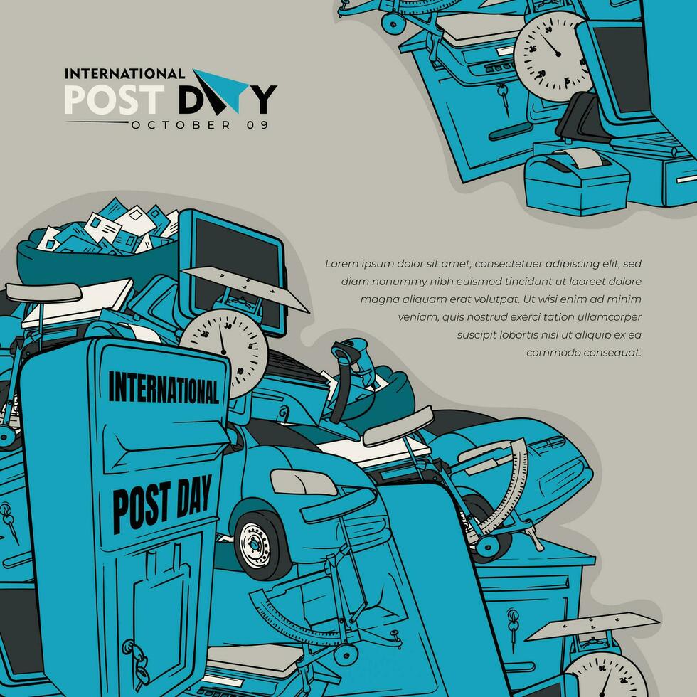 International post day illustration with doodle art of postal tools design for post day campaign vector