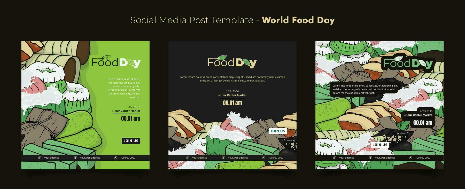 Social media post template with traditional cake in doodle art background for world food day design vector