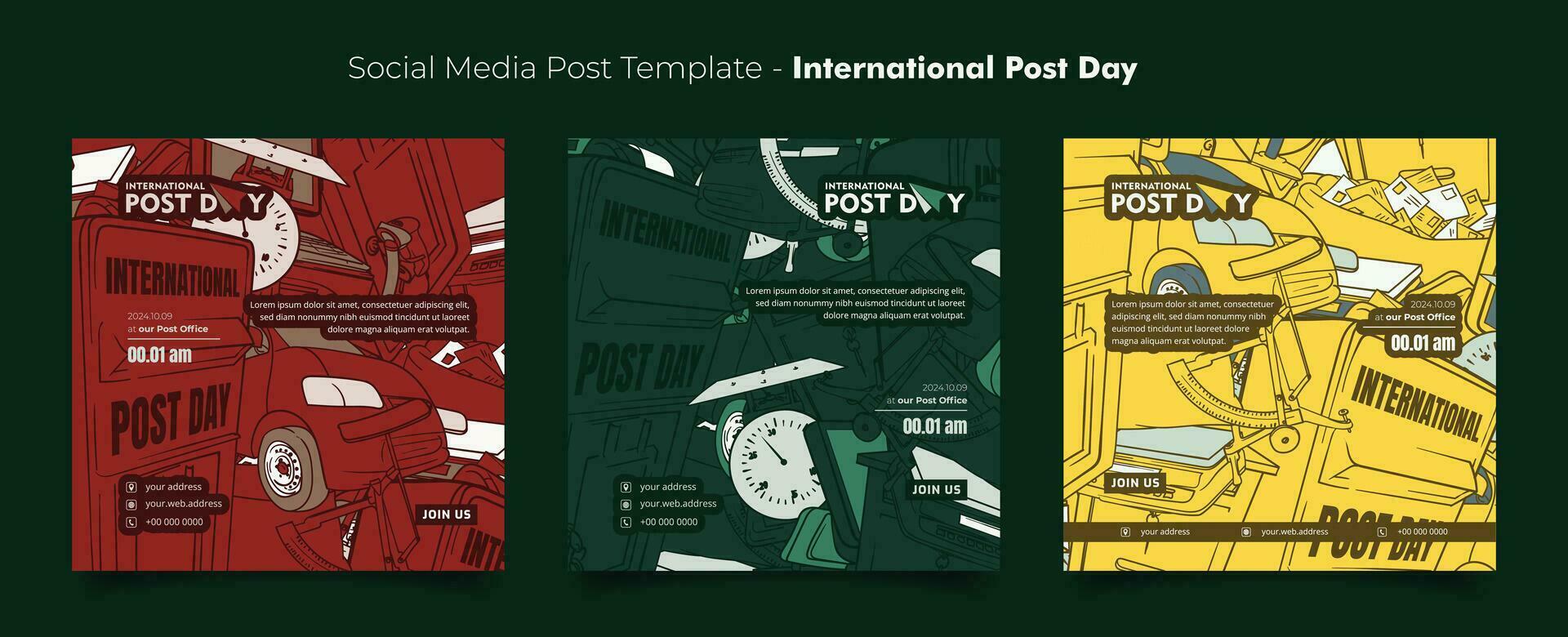 Set of social media post template with doodle art of postal background for world post day campaign vector