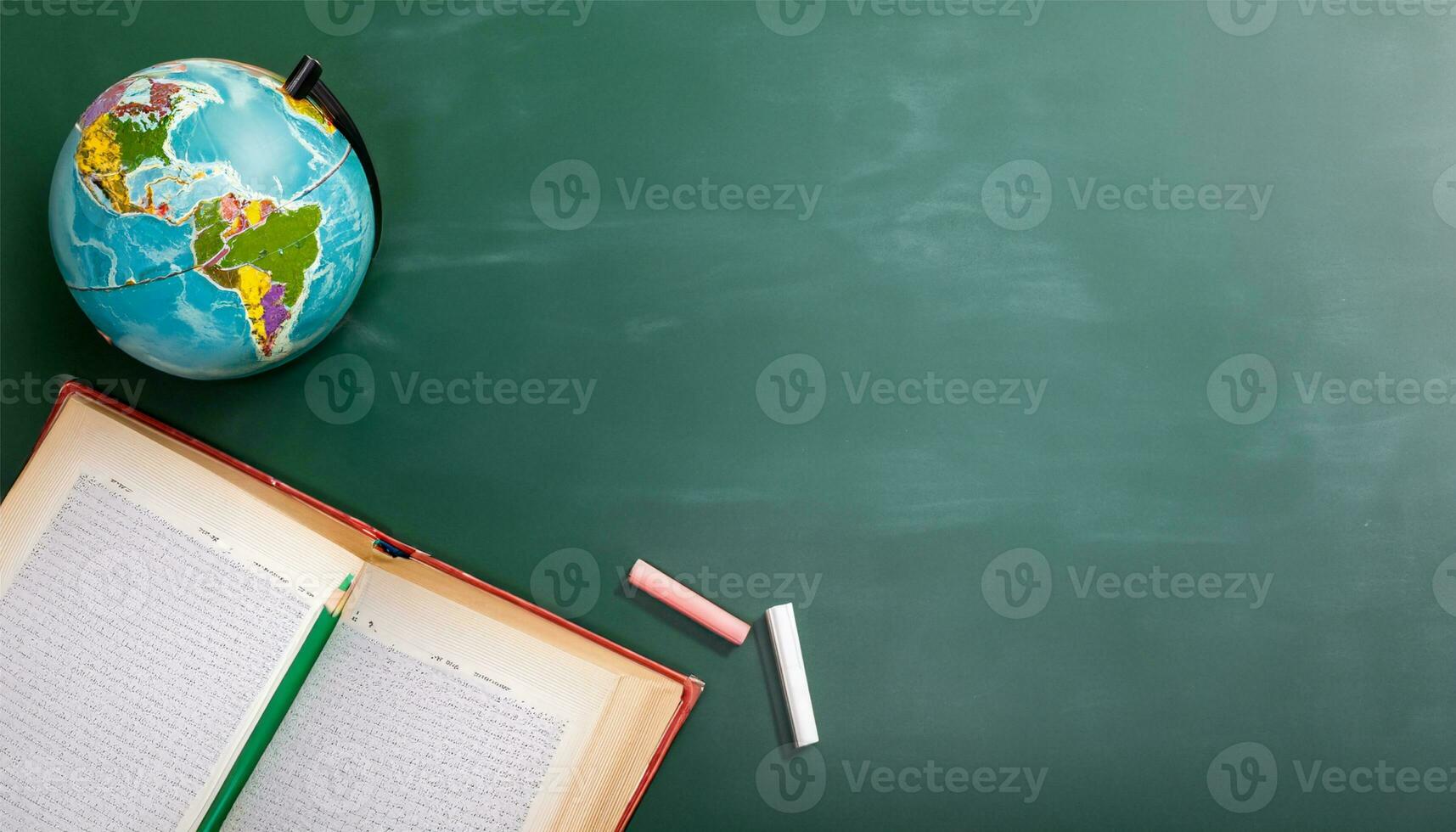 globe, pencil, pen and book on a green blackboard background and empty space on left side photo