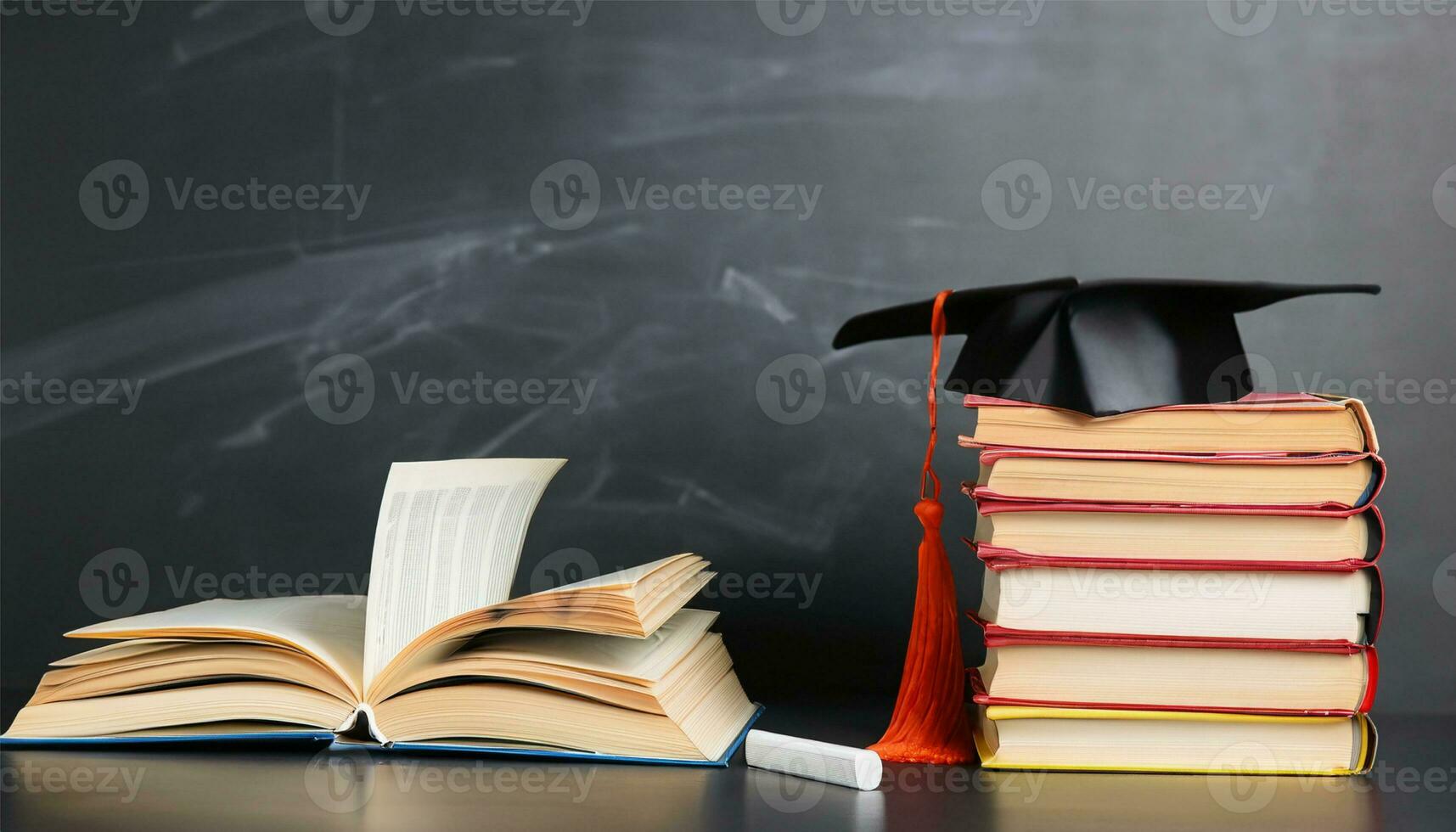 Arrangement of different books on table with graduation cap on black chalkboard background photo