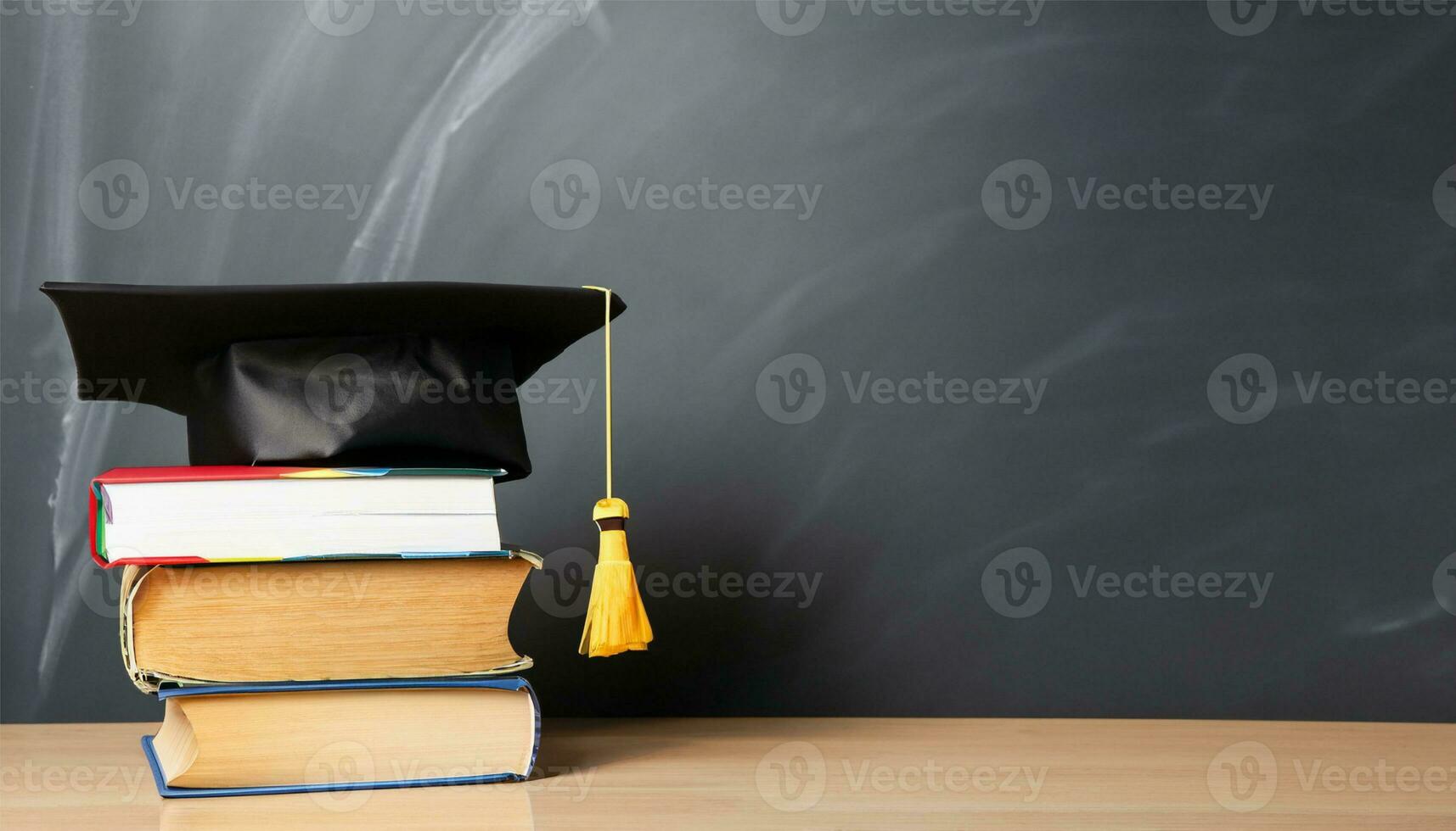 Arrangement of different books on table with graduation cap on black chalkboard background photo