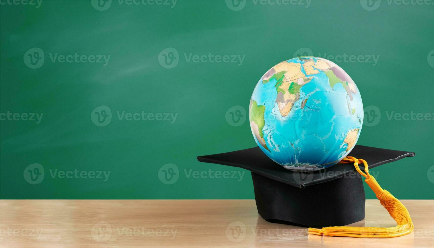 globe, pencil, pen and book on a green blackboard background and empty space on left side photo