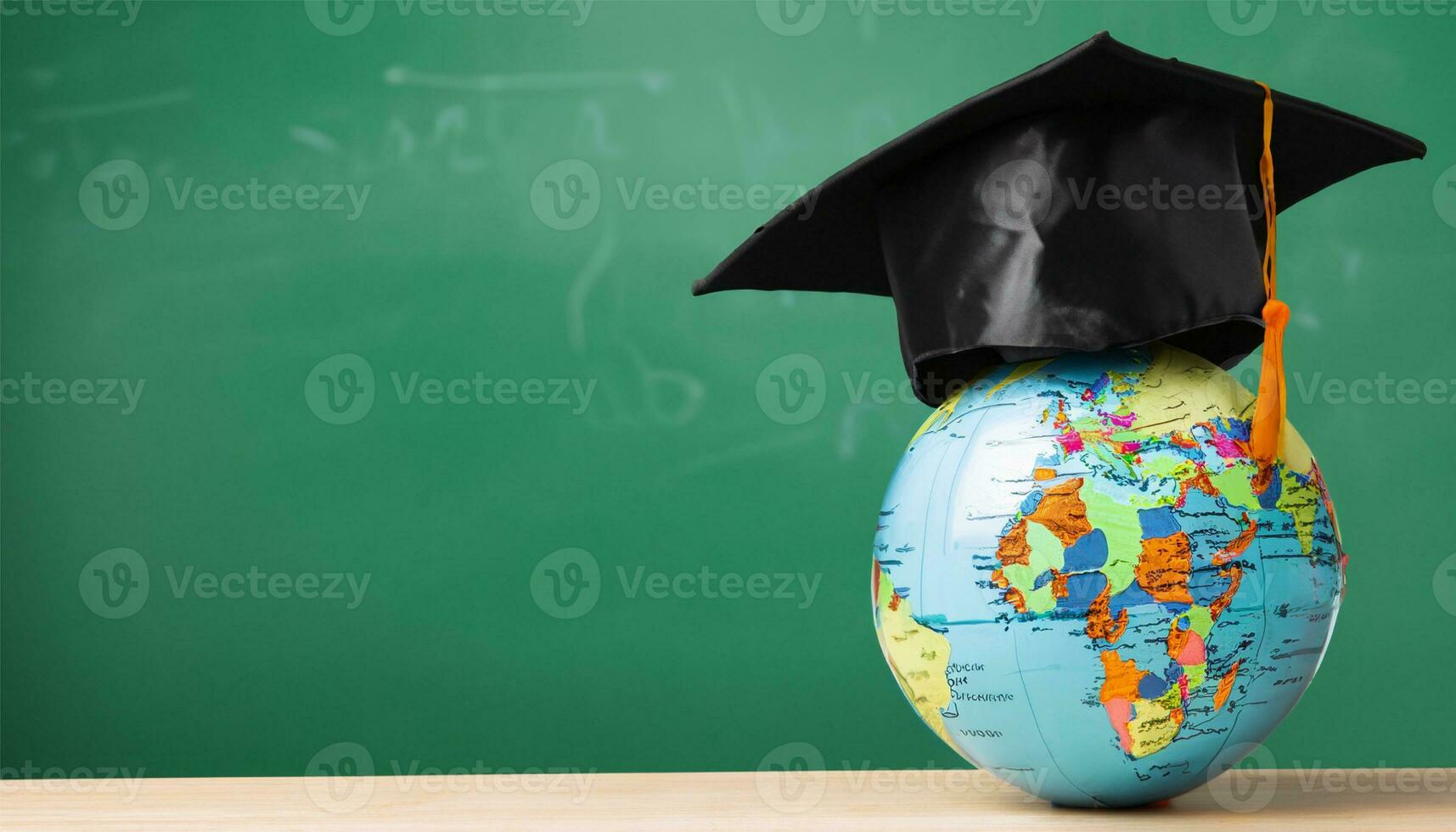 globe, pencil, pen and book on a green blackboard background and empty space on left side photo