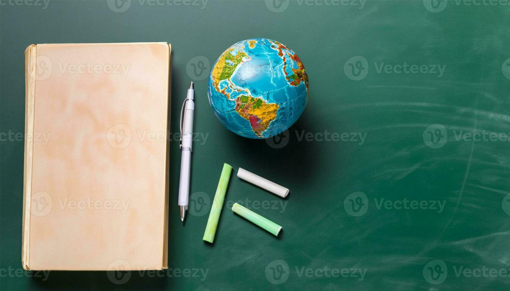 globe, pencil, pen and book on a green blackboard background and empty space on left side photo