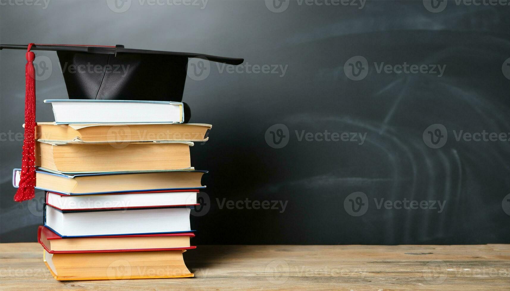 Arrangement of different books on table with graduation cap on black chalkboard background photo