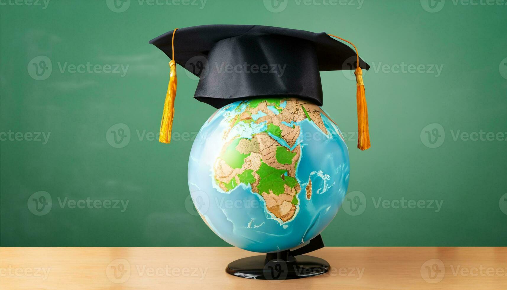 globe, pencil, pen and book on a green blackboard background and empty space on left side photo
