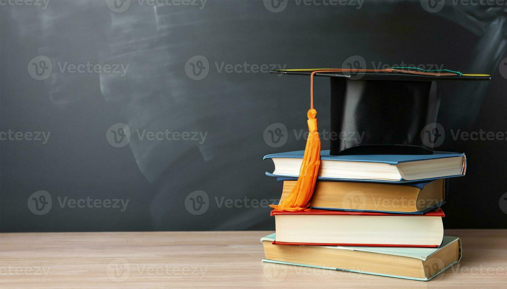Arrangement of different books on table with graduation cap on black chalkboard background photo