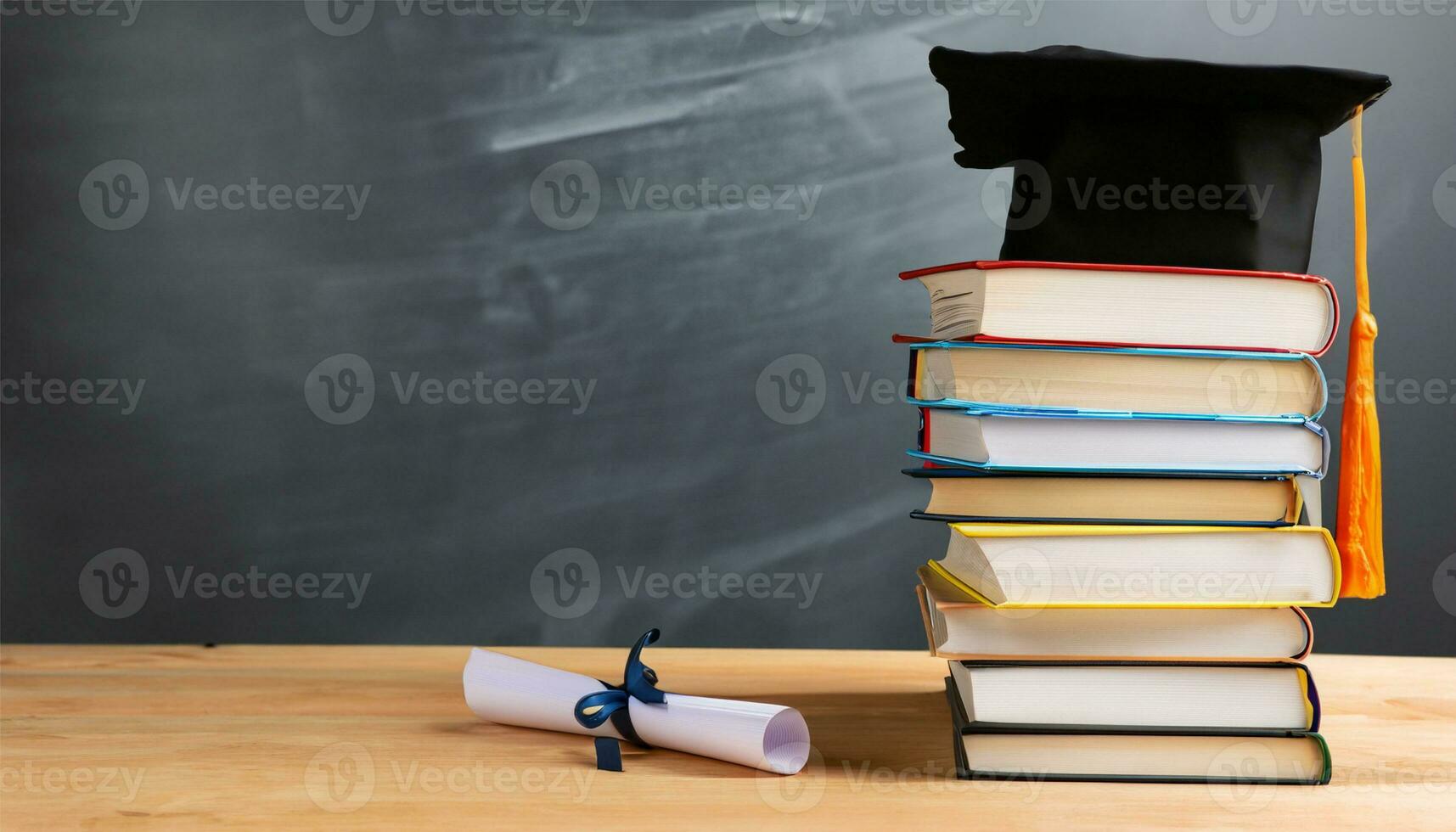 Arrangement of different books on table with graduation cap on black chalkboard background photo