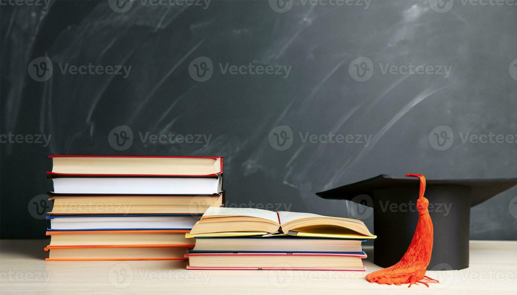 Arrangement of different books on table with graduation cap on black chalkboard background photo