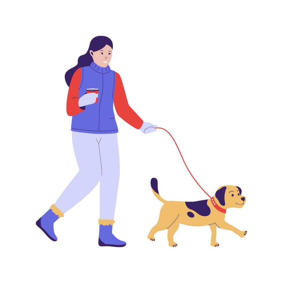 mujer y mascota en invierno estación. plano diseño ilustración vector