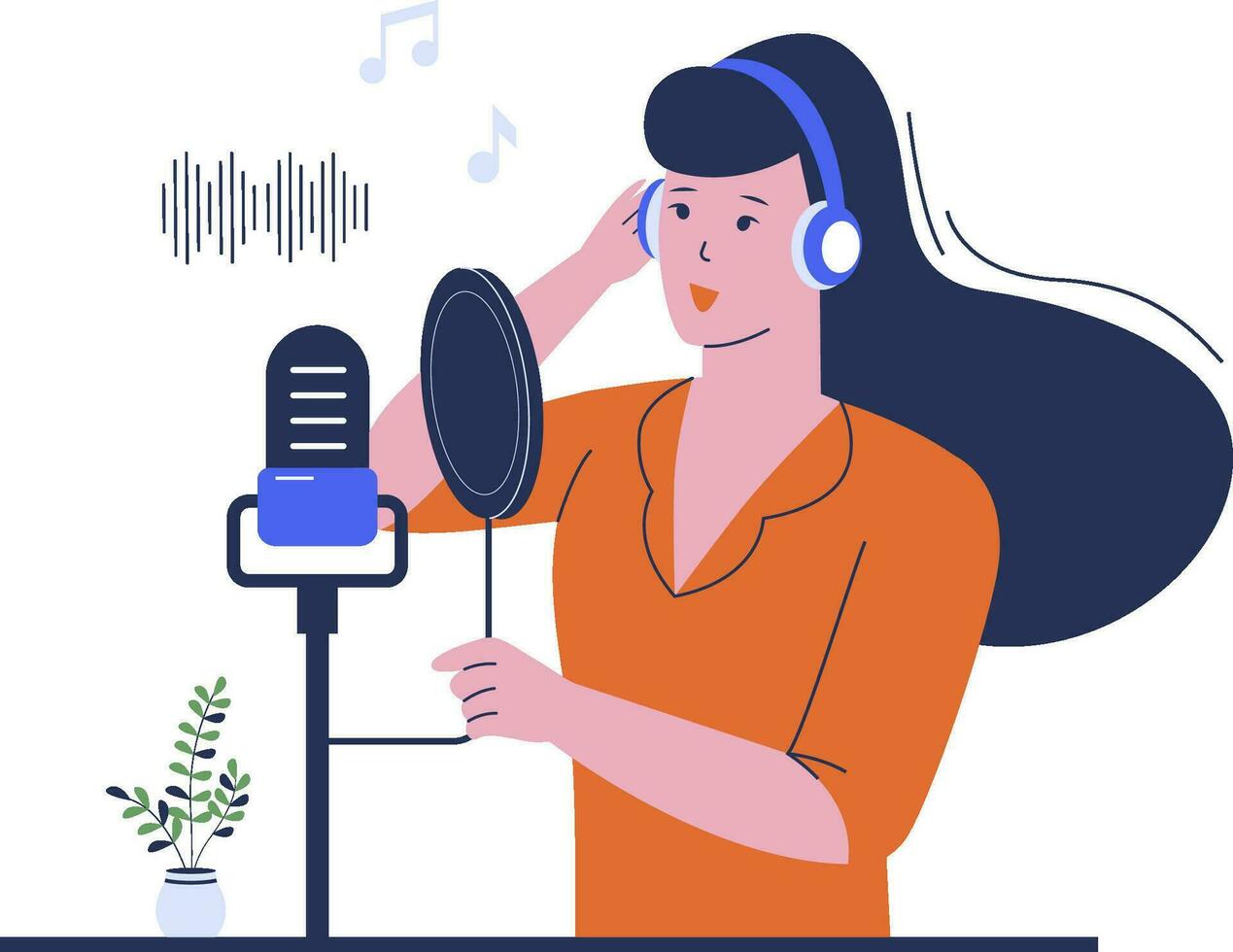 Young woman recording a song in a professional music studio vector