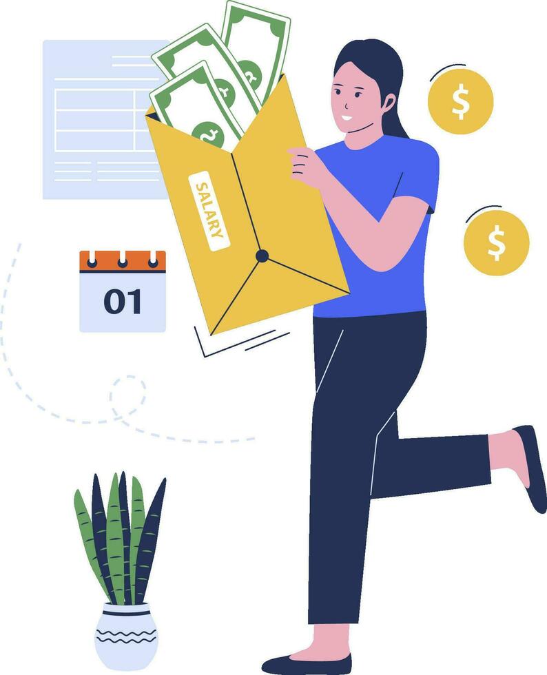 Vector illustration of woman earning salary concept