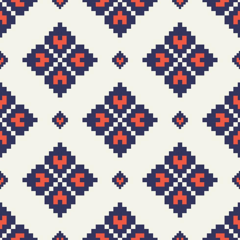 Geometric floral embroidery pattern. Geometric floral seamless pattern colorful pixel art style. Geometric traditional stitch pattern use for textile, wallpaper, cushion, upholstery, wrapping. vector