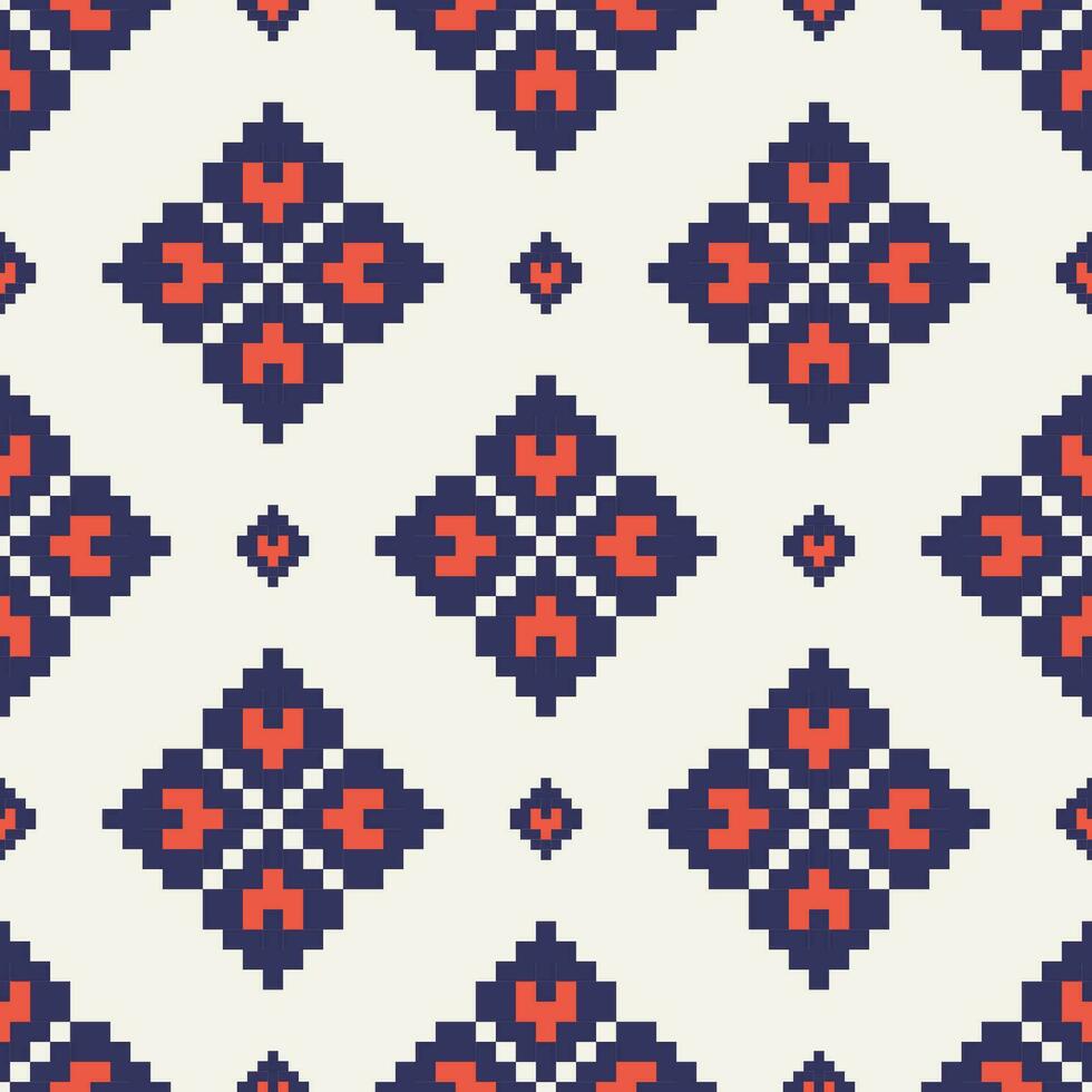 Geometric floral embroidery pattern. Geometric floral seamless pattern colorful pixel art style. Geometric traditional stitch pattern use for textile, wallpaper, cushion, upholstery, wrapping. vector