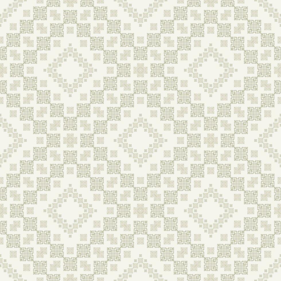 Cream gray color Palestinian embroidery geometric pattern. Ethnic geometric square shape seamless pattern pixel art style. Ethnic embroidery pattern use for textile, home decoration elements. vector
