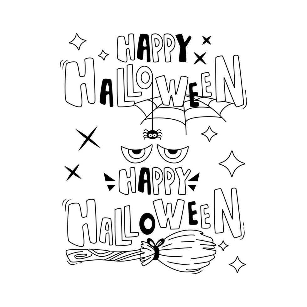 Set of cartoon Halloween elements and lettering. Happy Halloween. Line art. vector