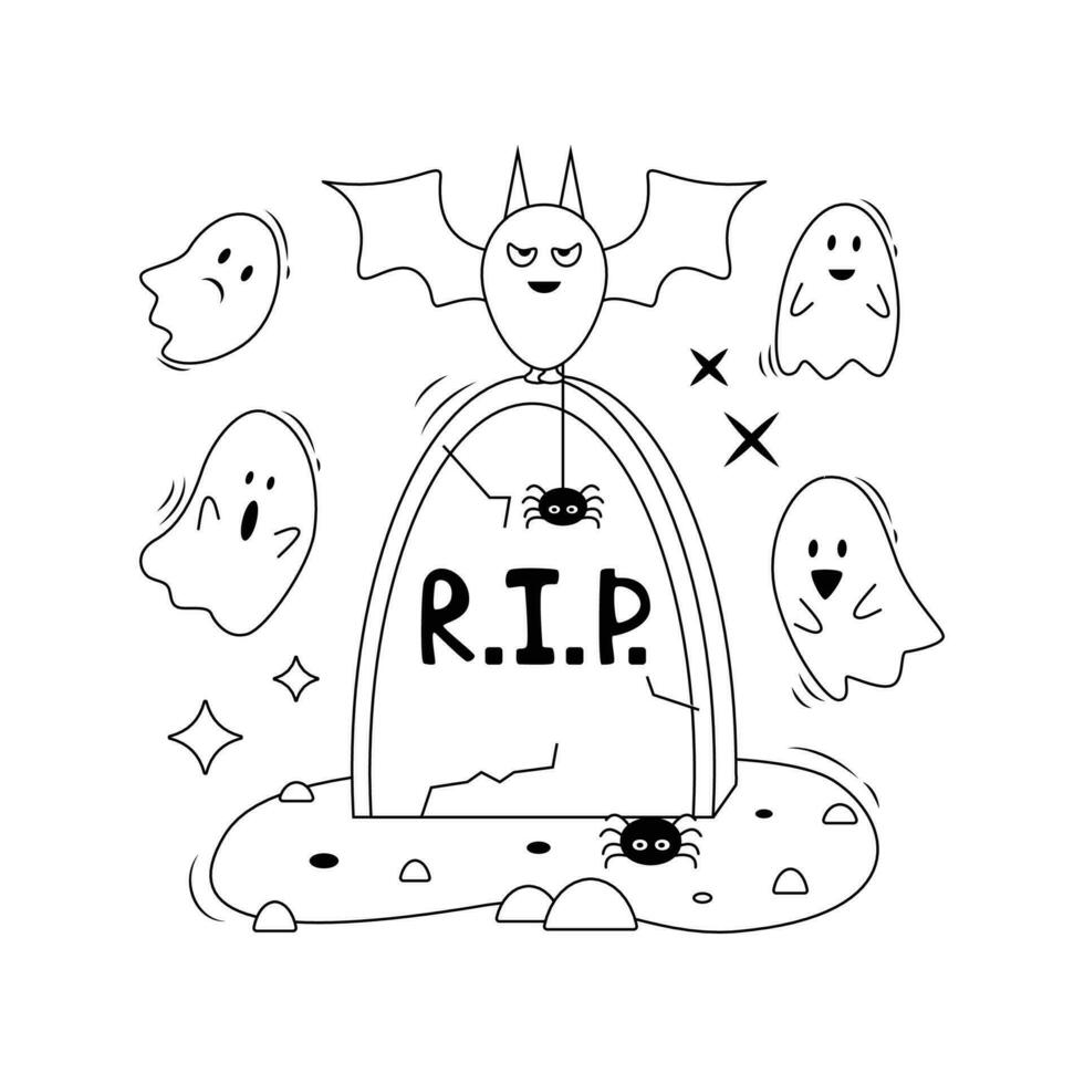 Set of cartoon Halloween elements. A tombstone with a bat, ghosts and a spider. Line art. vector
