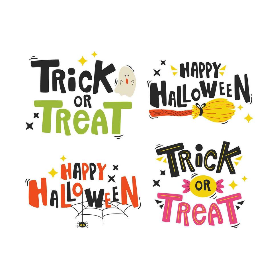 Set of cartoon Halloween elements and lettering. Happy Halloween. Trick or treat. vector