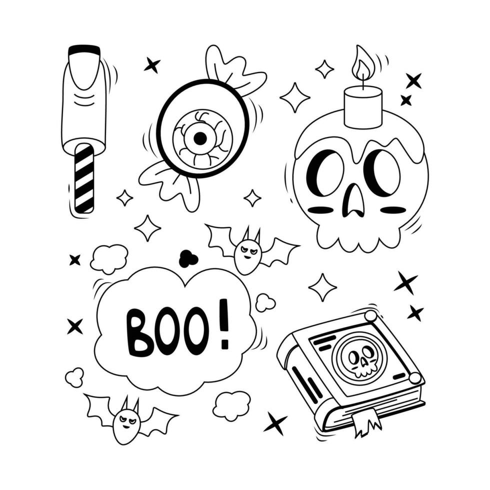 Set of cartoon Halloween elements. Line art. vector