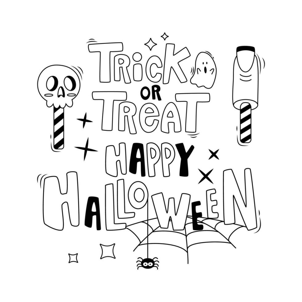 Set of cartoon Halloween elements and lettering. Happy Halloween. Trick or treat. Line art. vector