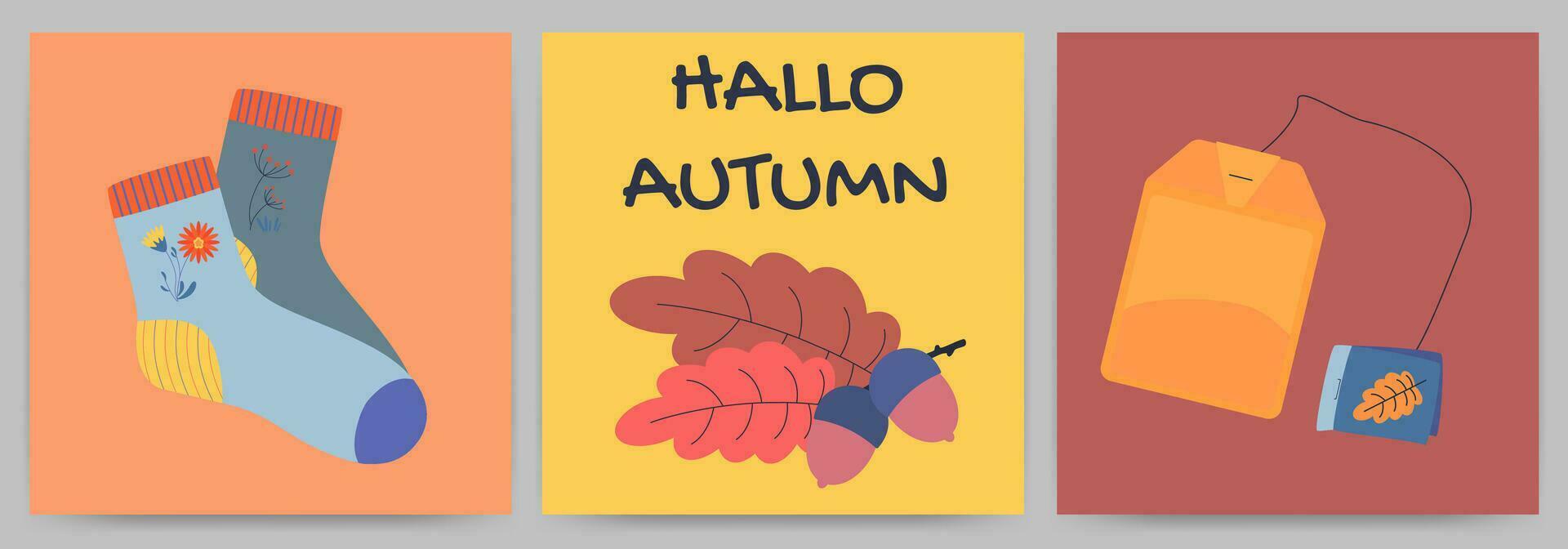 Hola otoño. saludo tarjetas o carteles conjunto con caligrafía. vector