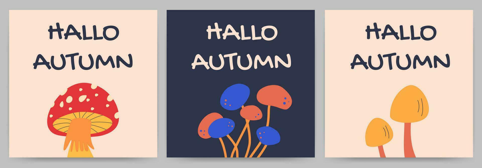 Hola otoño. saludo tarjetas o carteles conjunto con caligrafía. vector