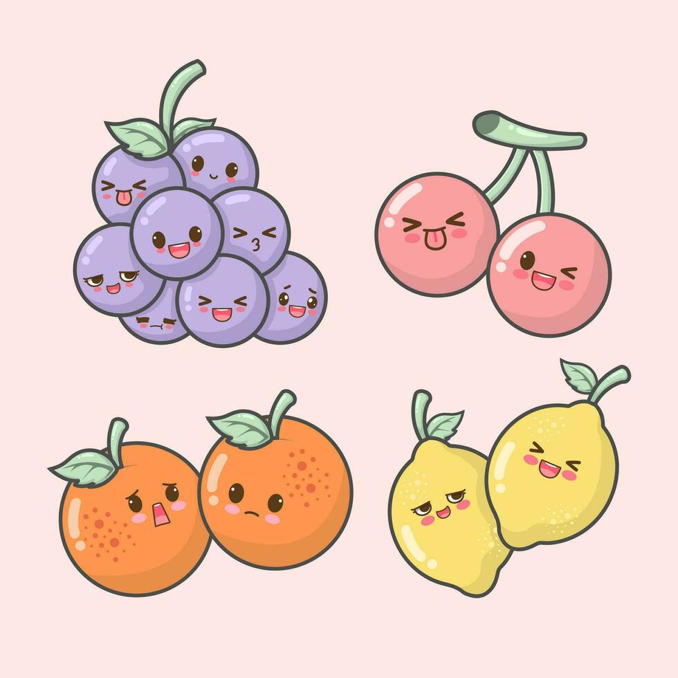 Vector hand drawn cute fruit illustration sticker pack