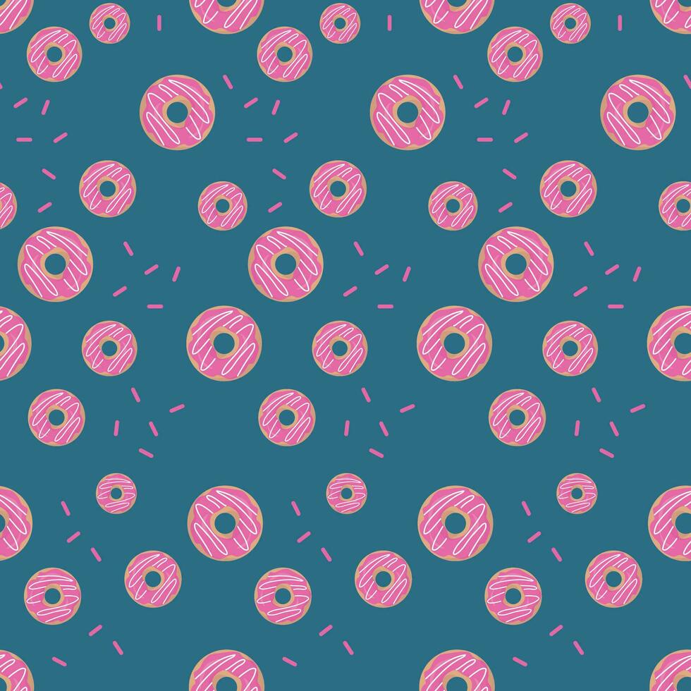 Hand drawn seamless pattern with colorful donuts with pink icing on a dark background. Vector illustration
