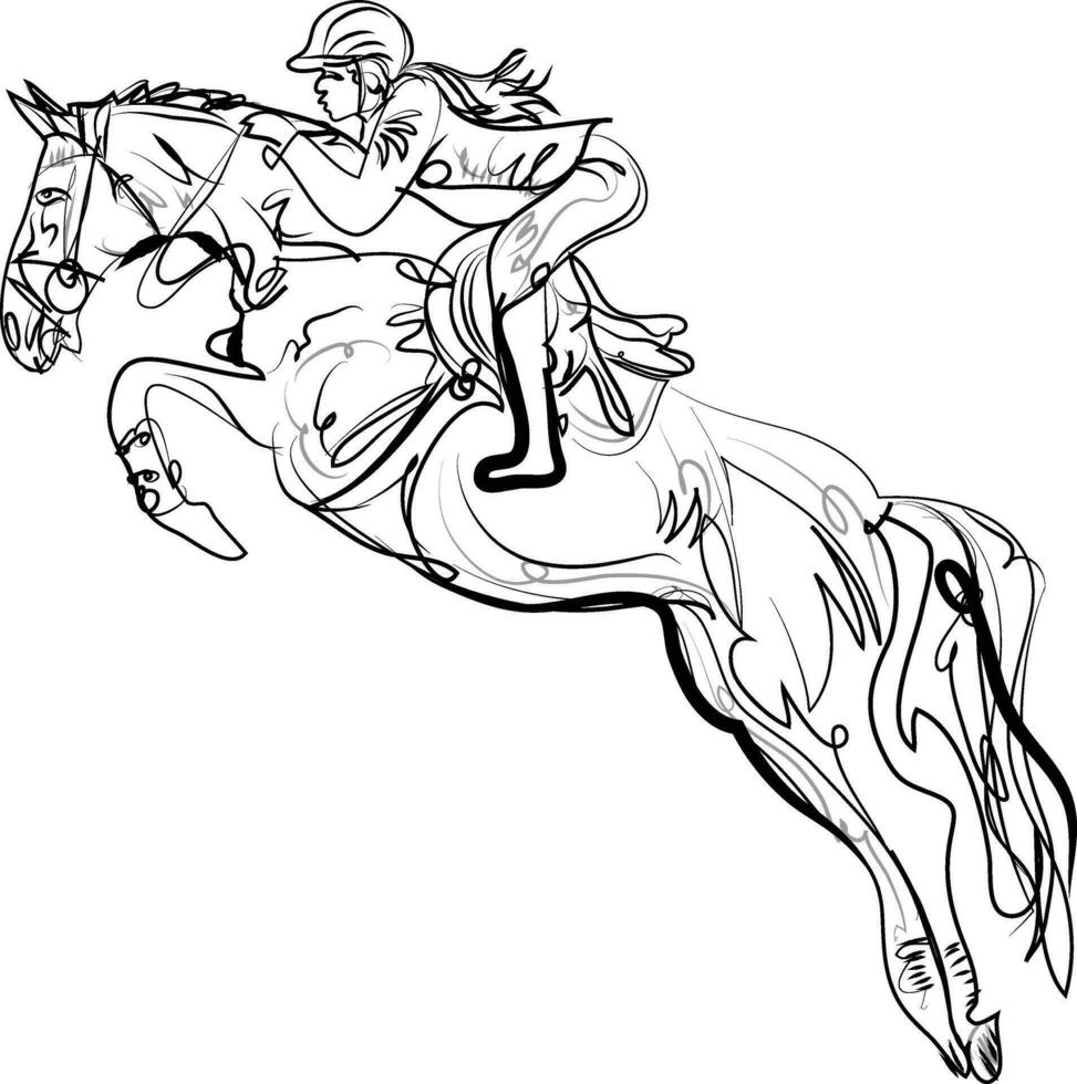 Running horse with lady jockey vector line art