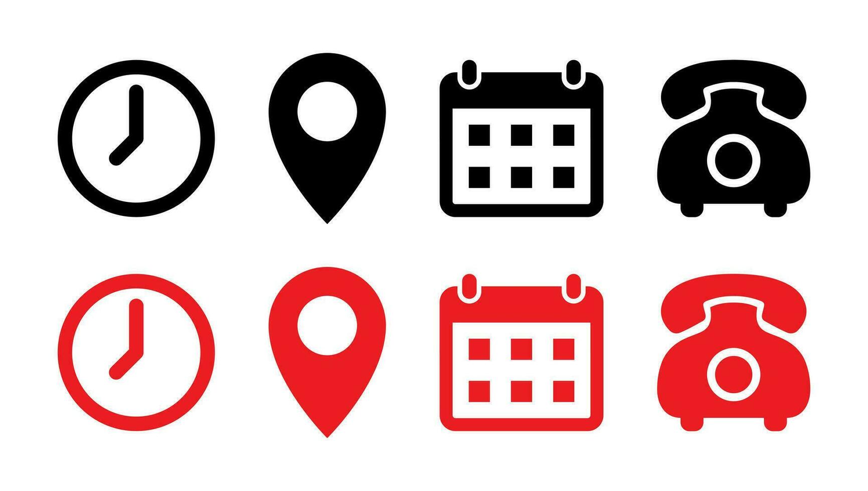 Time, location, date, and contact us icon vector in flat style. Clock, address, calendar, and telephone sign symbol