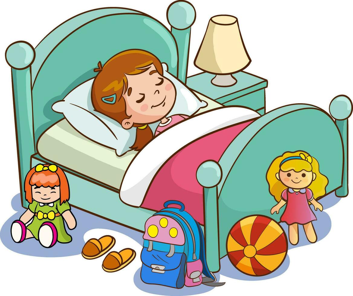 vector illustration of cute children sleeping in his bed