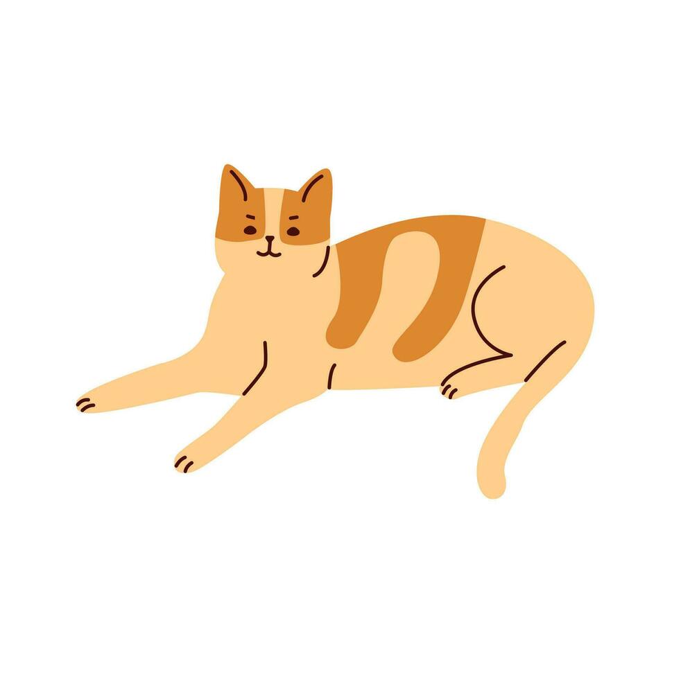 Cute funny domestic animal or pet. Adorable lying kitty or pussycat. Flat vector illustration.