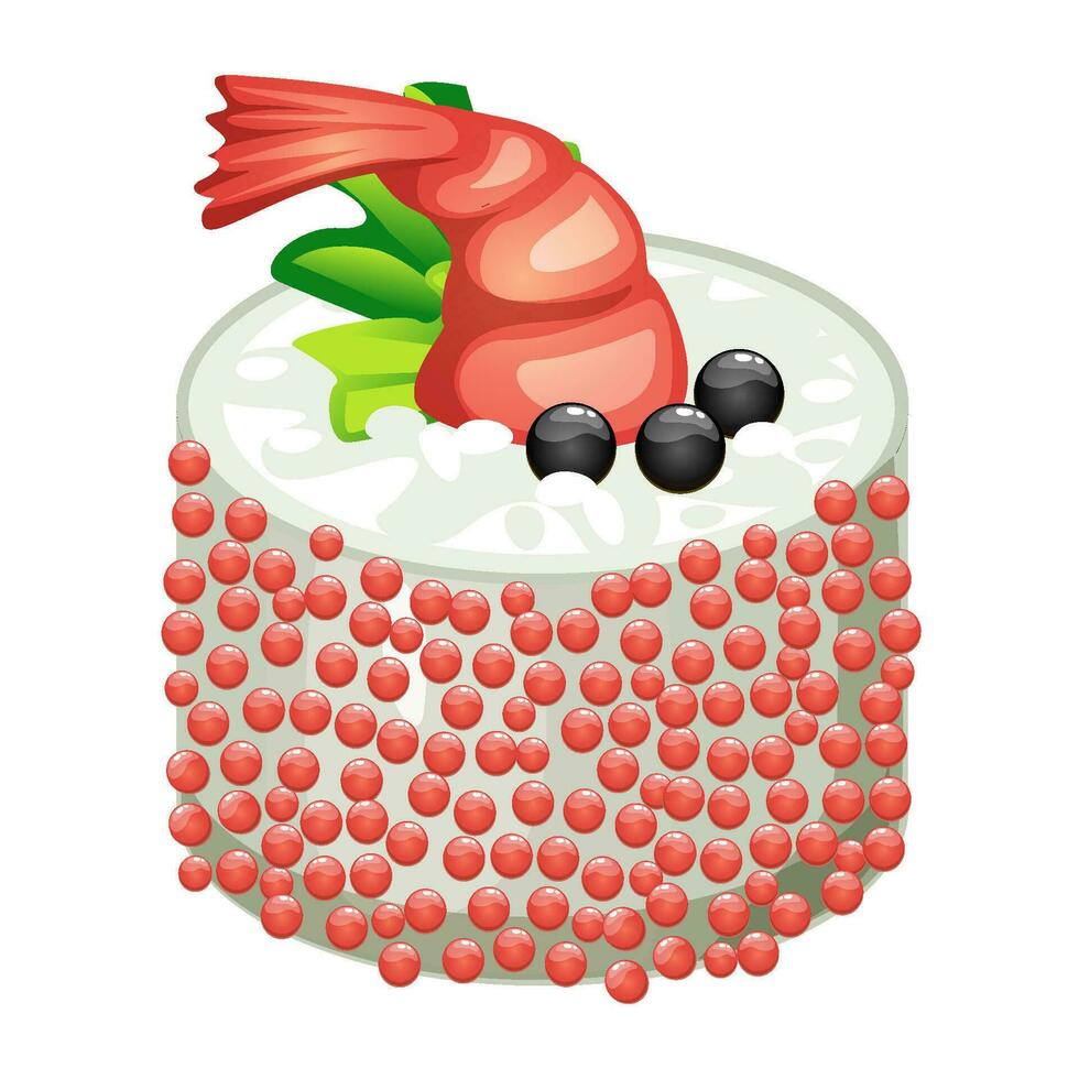 Sushi roll with caviar and shrimp. Vector food isolated icon