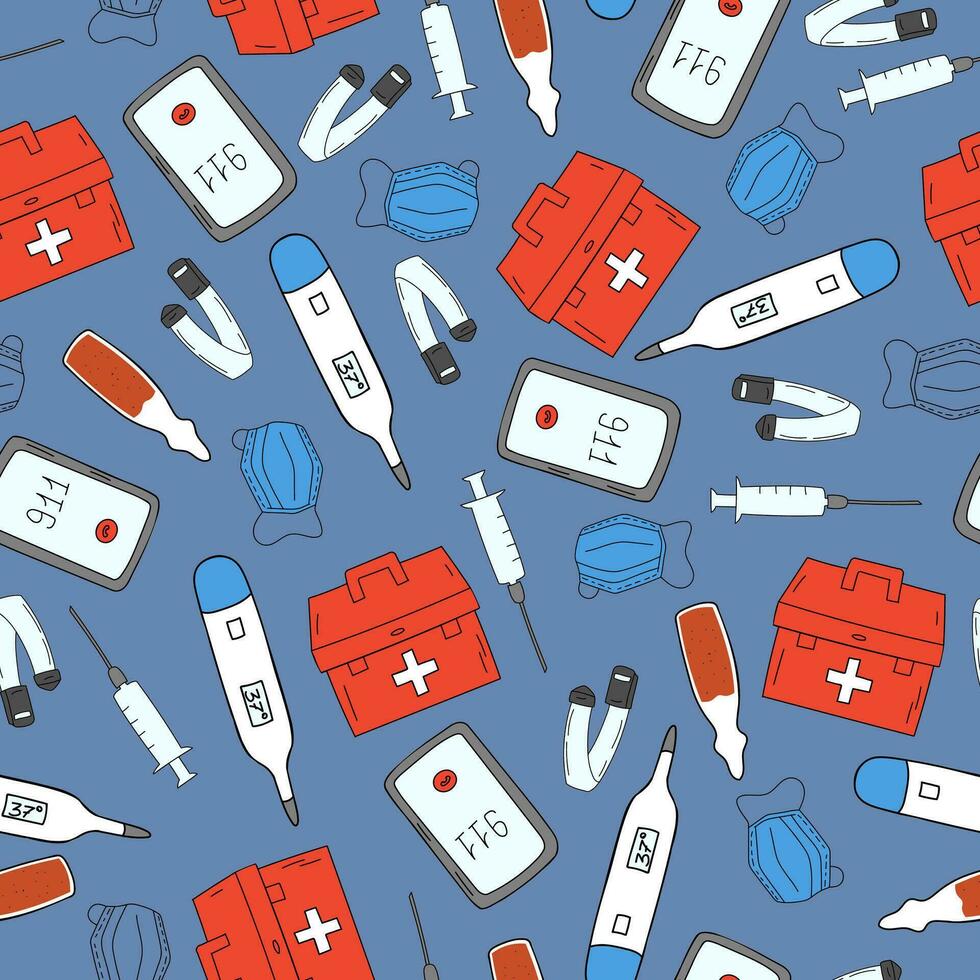 A seamless pattern with medical elements such as a thermometer, a medical suitcase, a telephone, a medical mask, a syringe and a tourniquet on a blue background. vector