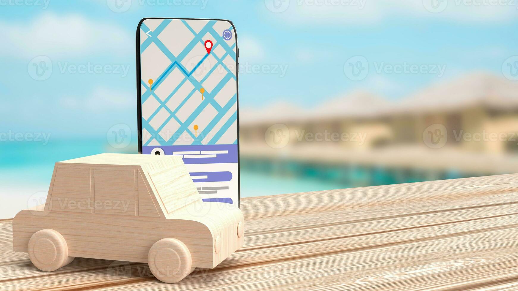 The wood car and mobile for navigator app concept 3d rendering photo