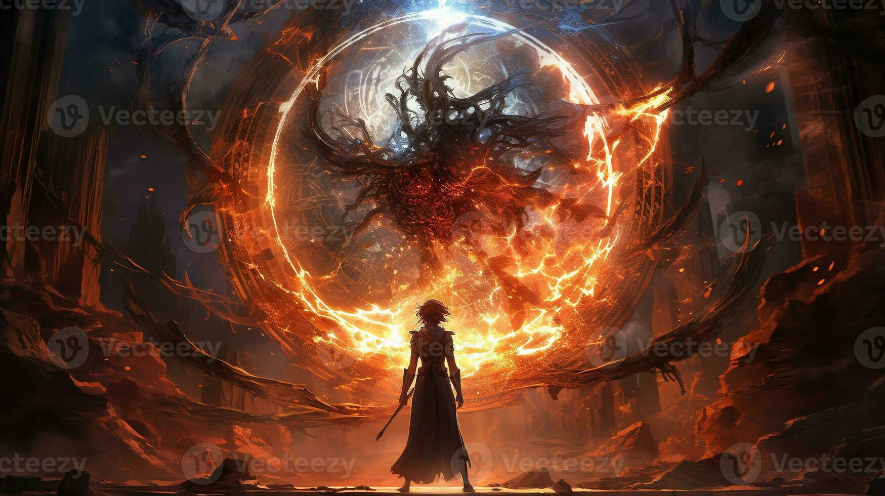 embrace the path of the celestial warrior, digital art illustration, Generative AI photo
