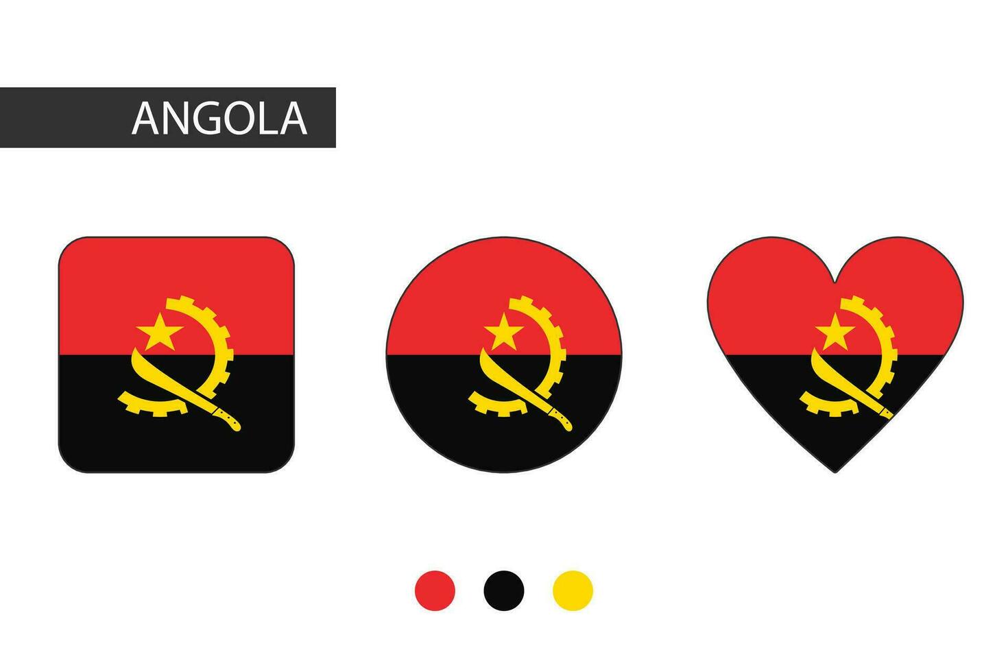 Angola 3 shapes square, circle, heart with city flag. Isolated on white background. vector