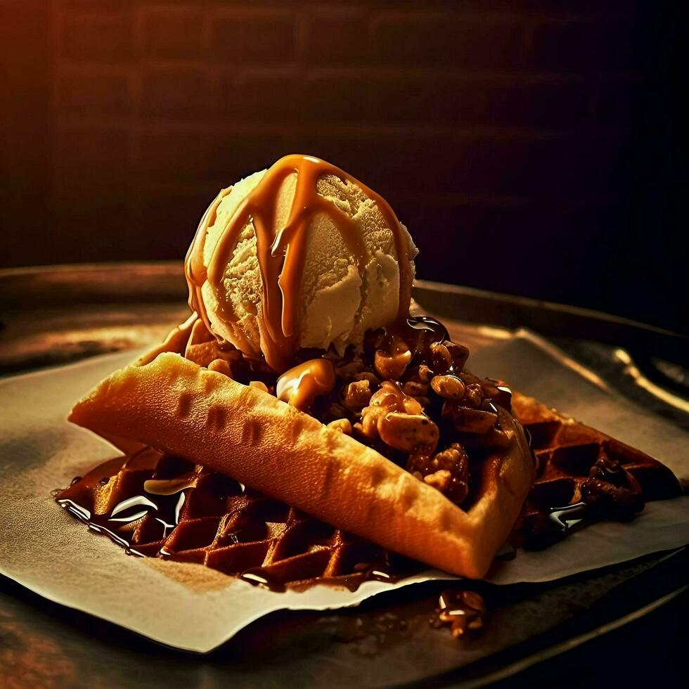 Yummy waffle with caramel ice cream, chopped nuts and caramel sauce on top, Ai Generative photo