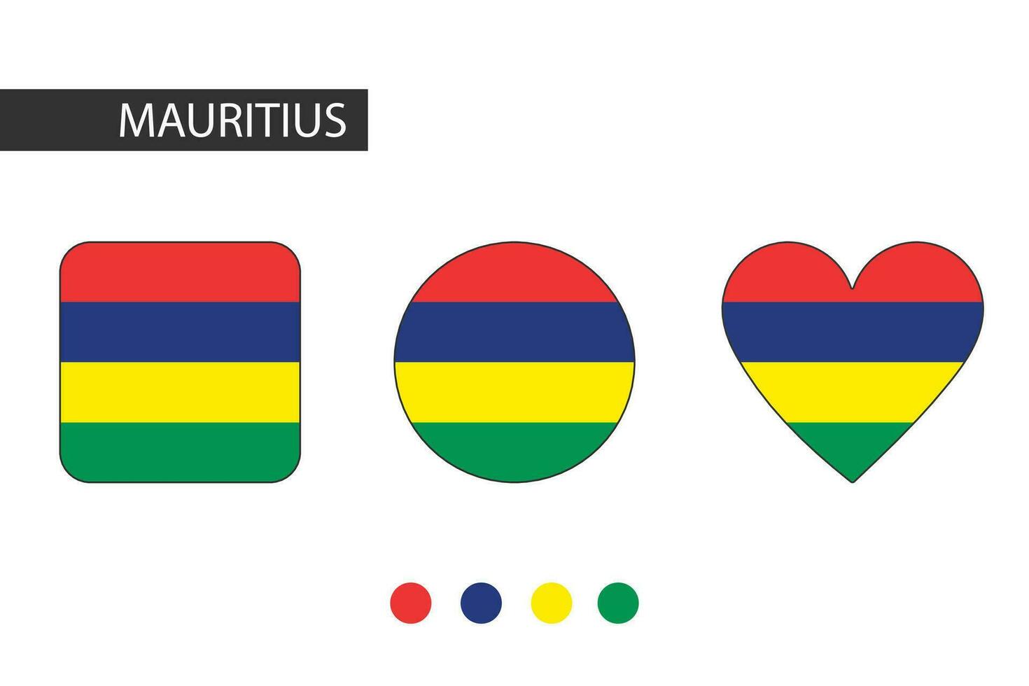 Mauritius 3 shapes square, circle, heart with city flag. Isolated on white background. vector