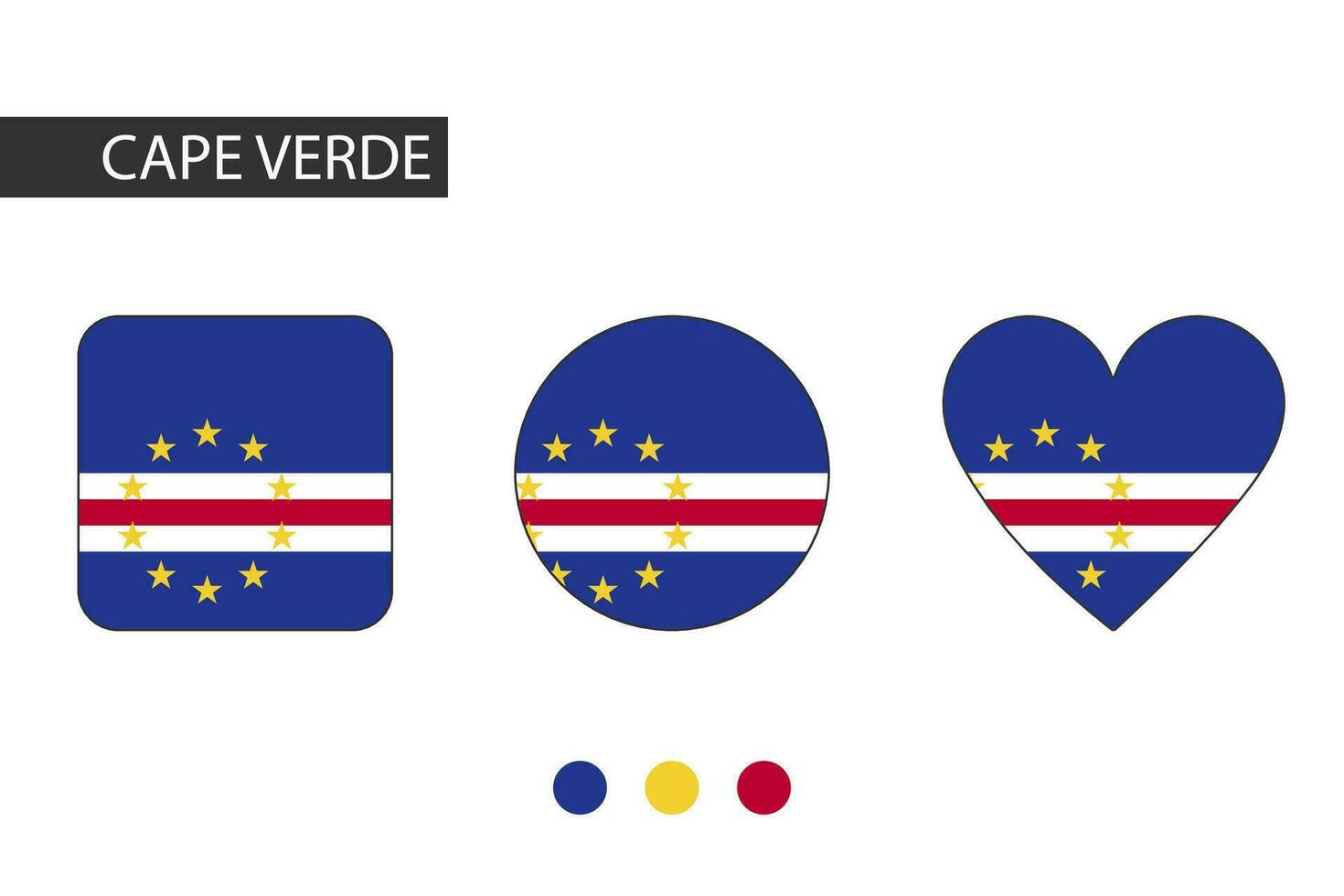Cape Verde 3 shapes square, circle, heart with city flag. Isolated on white background. vector