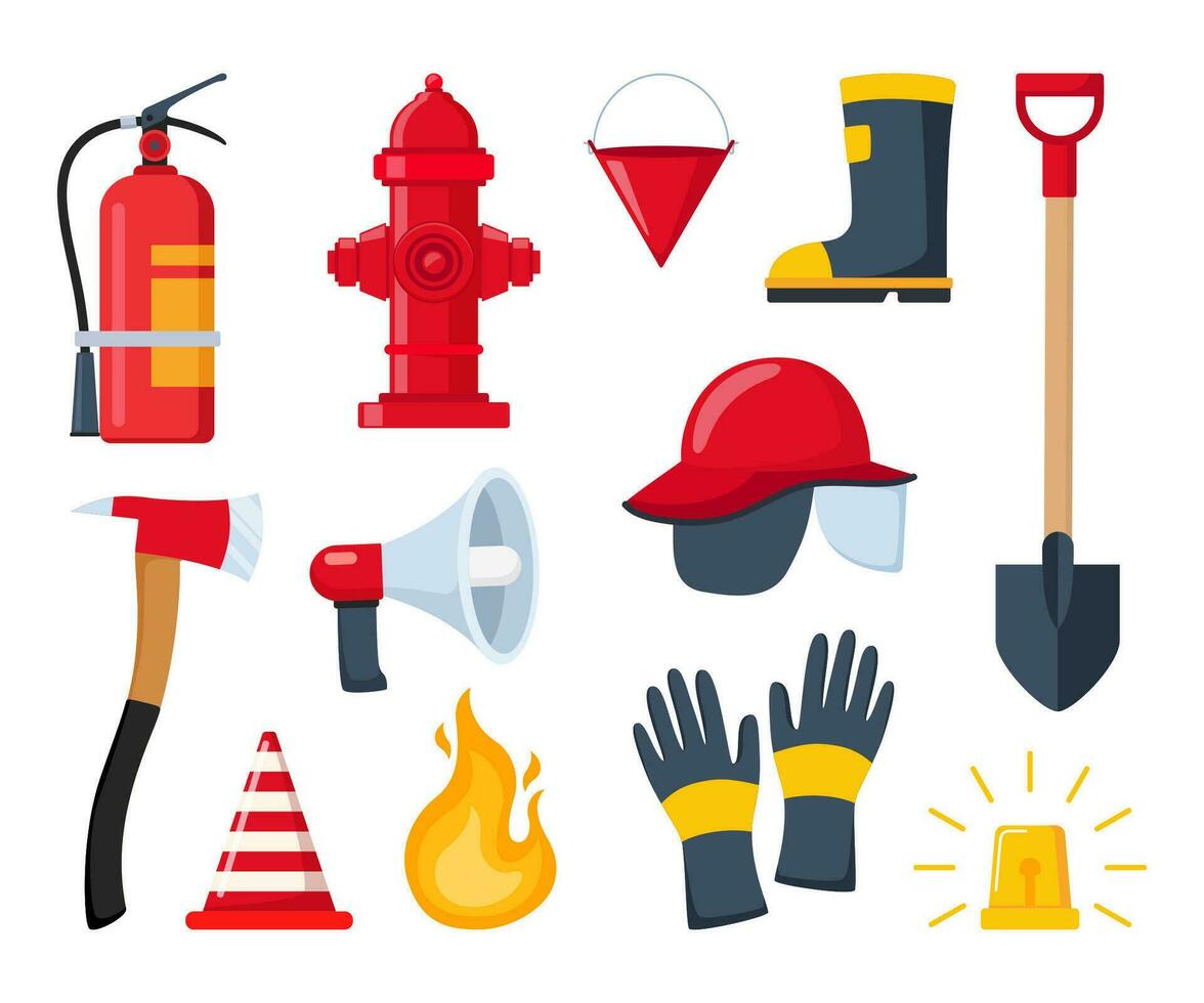 Firefighter emergency equipment set. Axe, hose, hydrant, extinguisher, safety traffic cone, spade fireman tools. Portable firefighter equipment for protection from flame spread. Vector illustration.