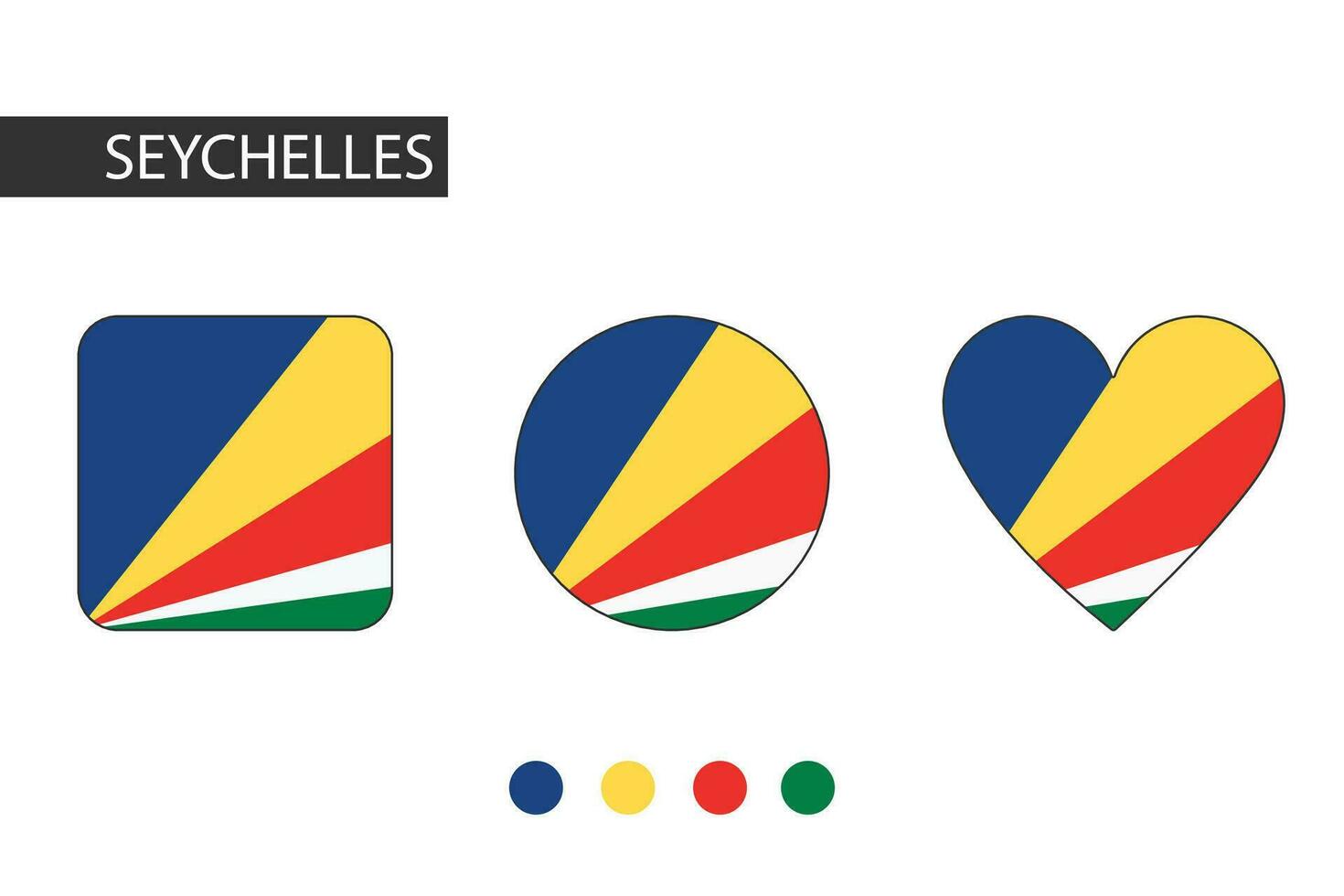 seychelles 3 formas cuadrado, círculo, corazón con ciudad bandera. aislado en blanco antecedentes. vector