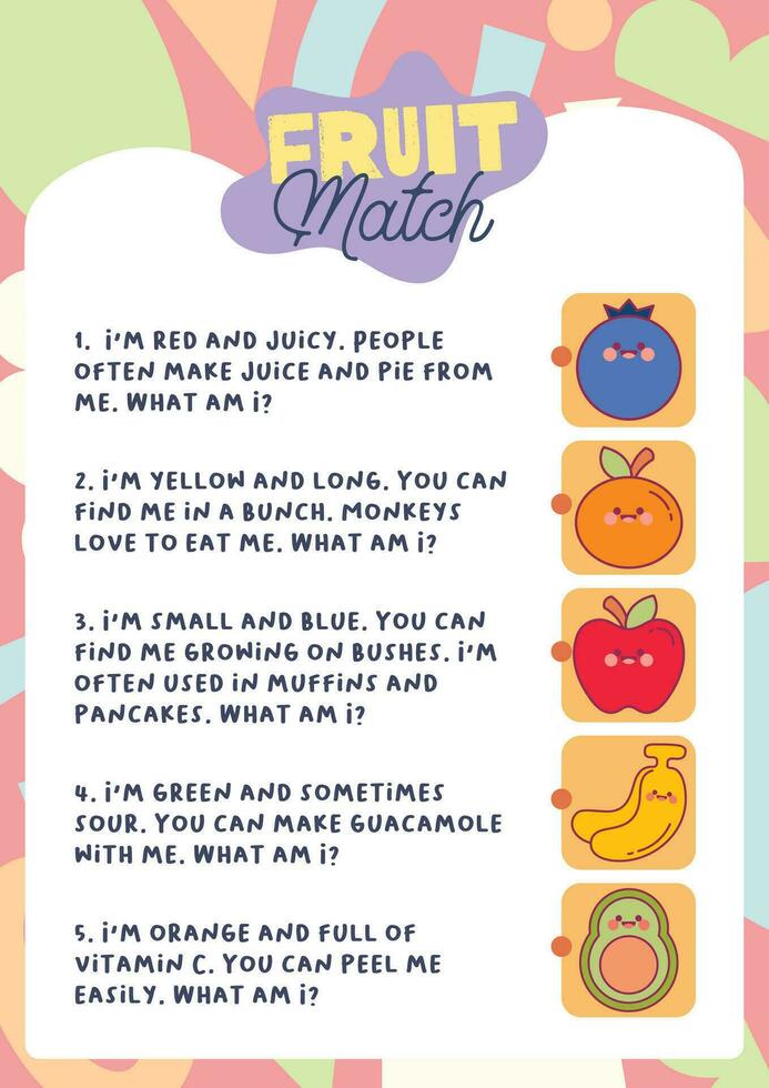 flat design vector what am i fruit match printable worksheet for kids activity