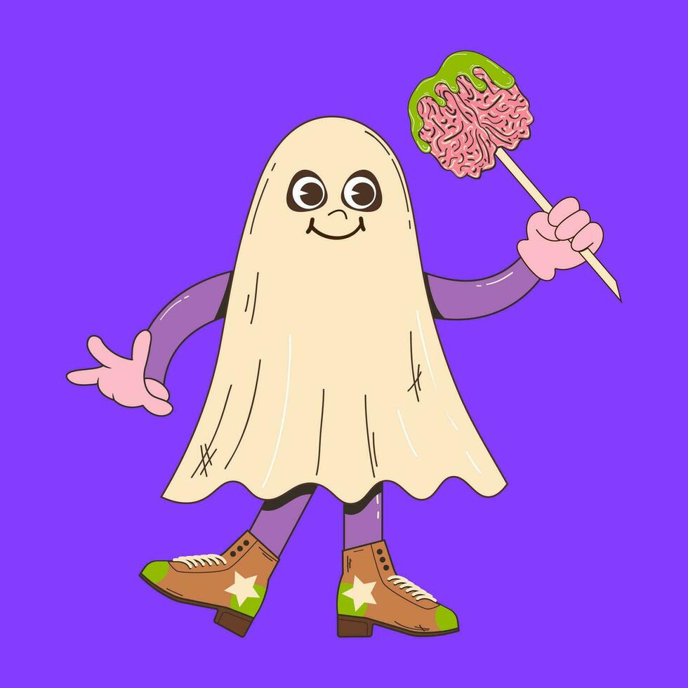 Cute ghost character for Halloween in retro cartoon style. Vector illustration of a ghost mascot in Groovvy style.