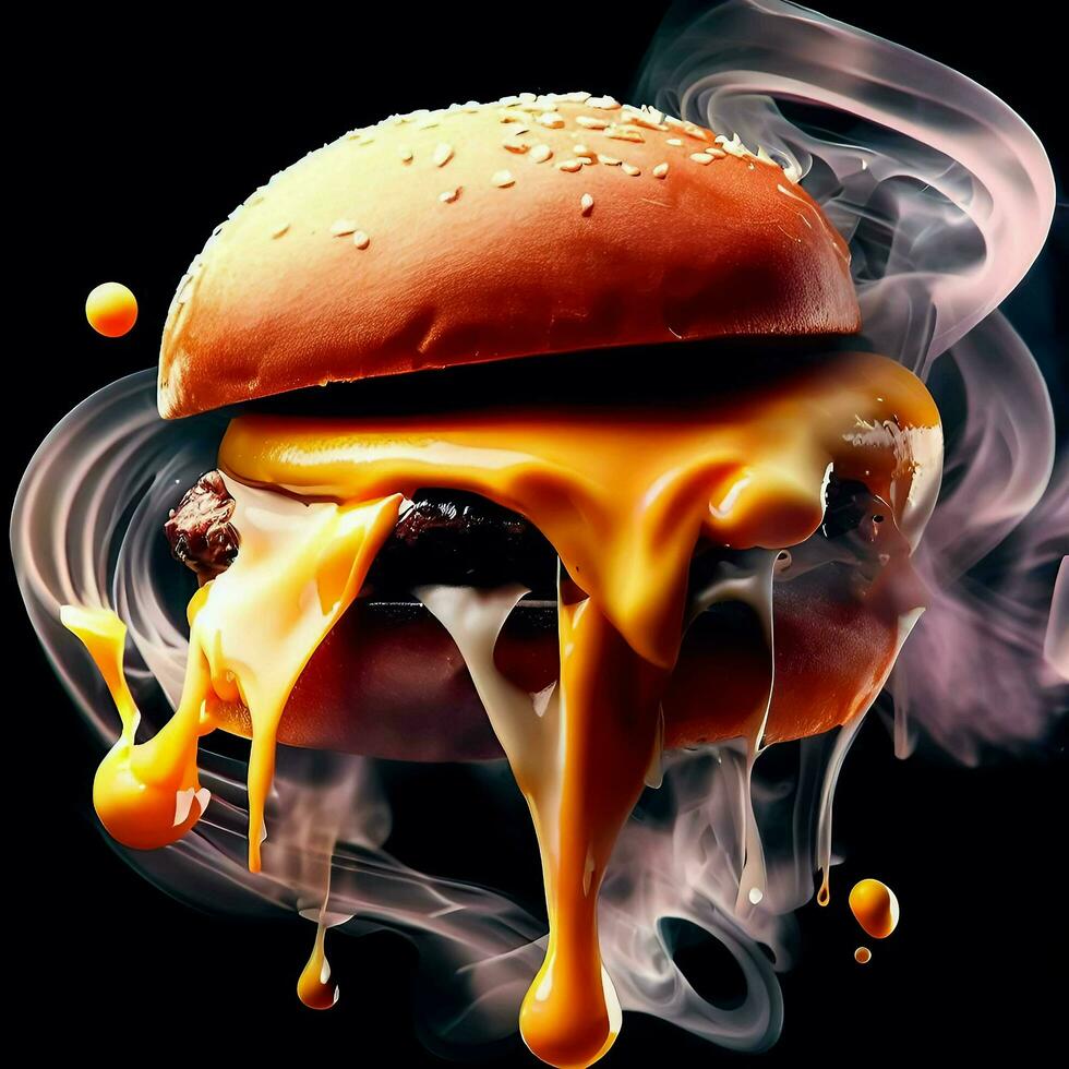 A floating burger with cheese and sauce on a dark background, Ai Generative photo