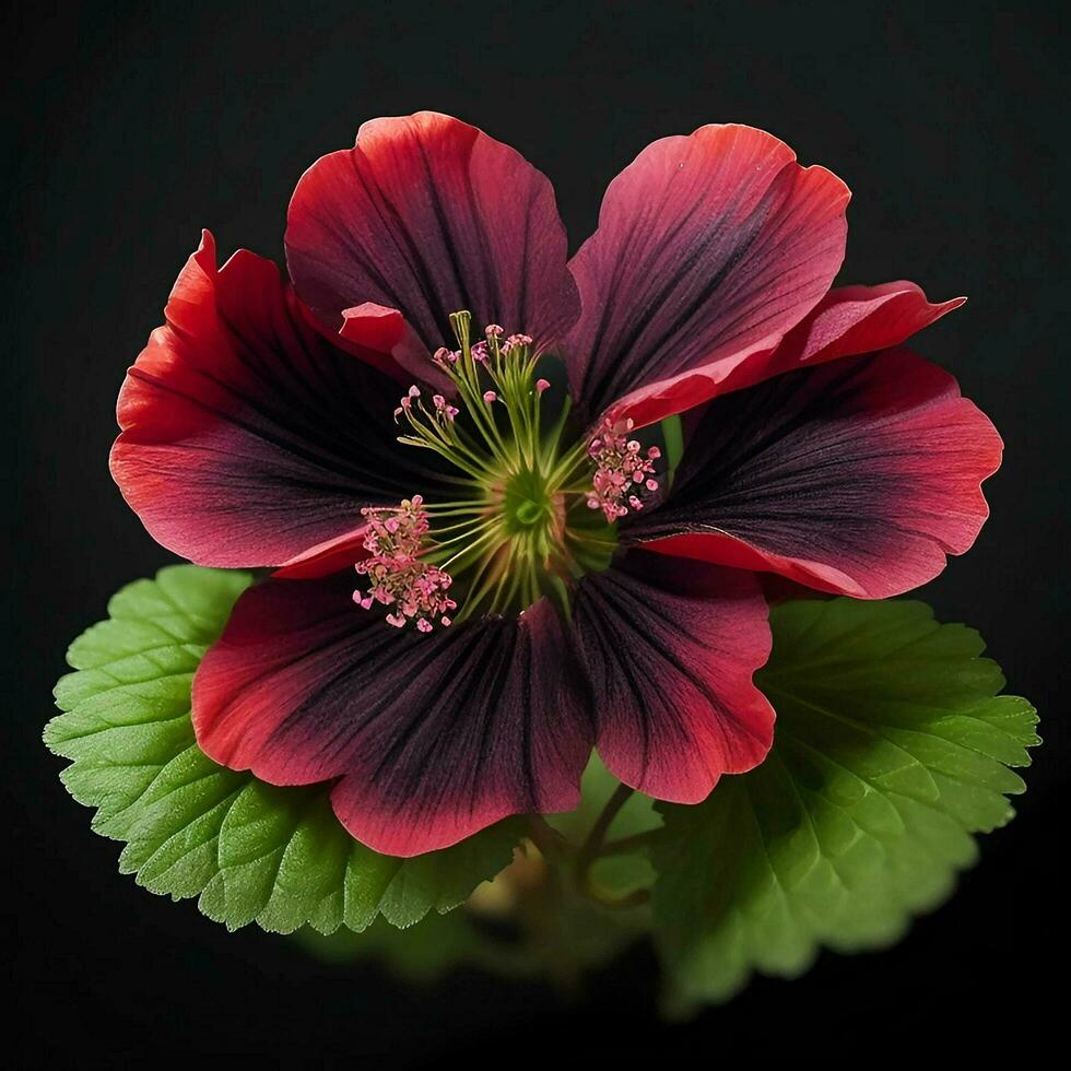 un hermosa geranio flor en negro fondo, parte superior vista, ai generativo foto