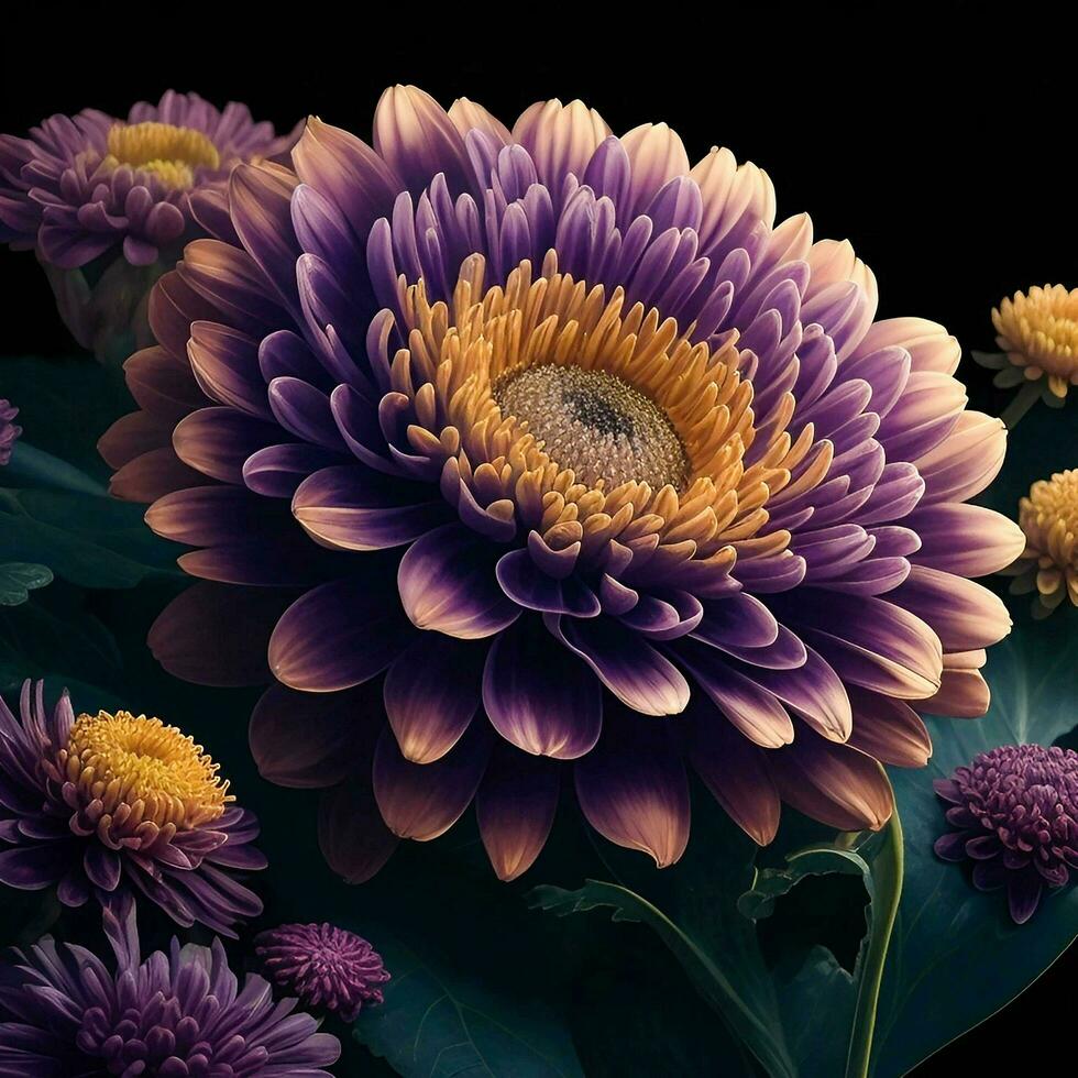 A beautiful chrysanthemum flower on black background, top view, Ai Generative photo